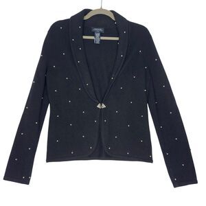 Vintage Jones NY Pearl Beaded Cardigan Sz Petite Small Black Wool Blend Coquette